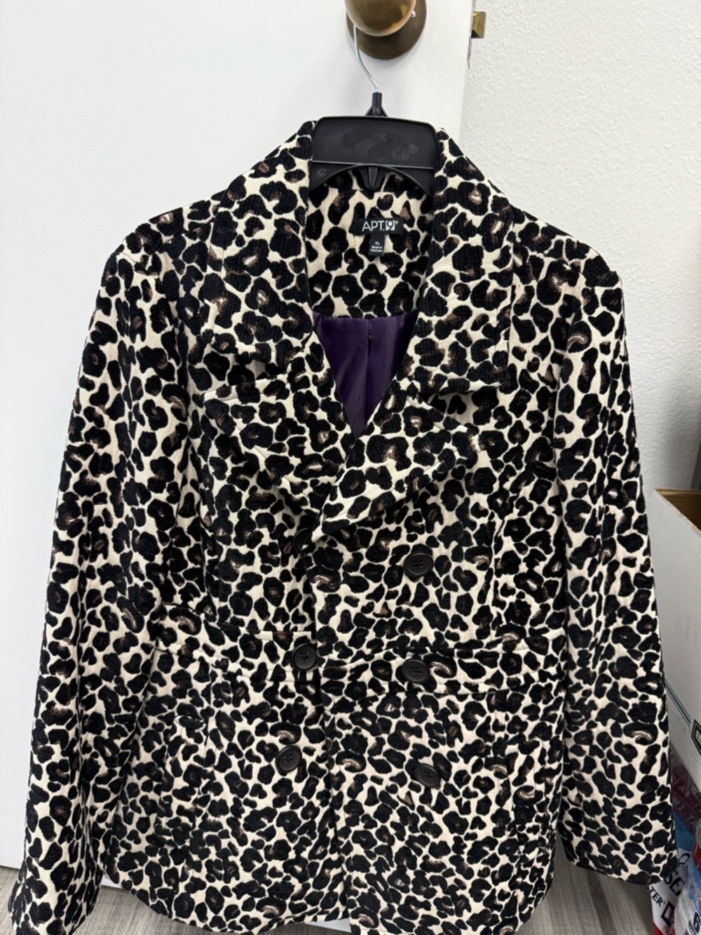 Apt. 9 Black and Cream Leopard Print Double-Breasted Peacoat